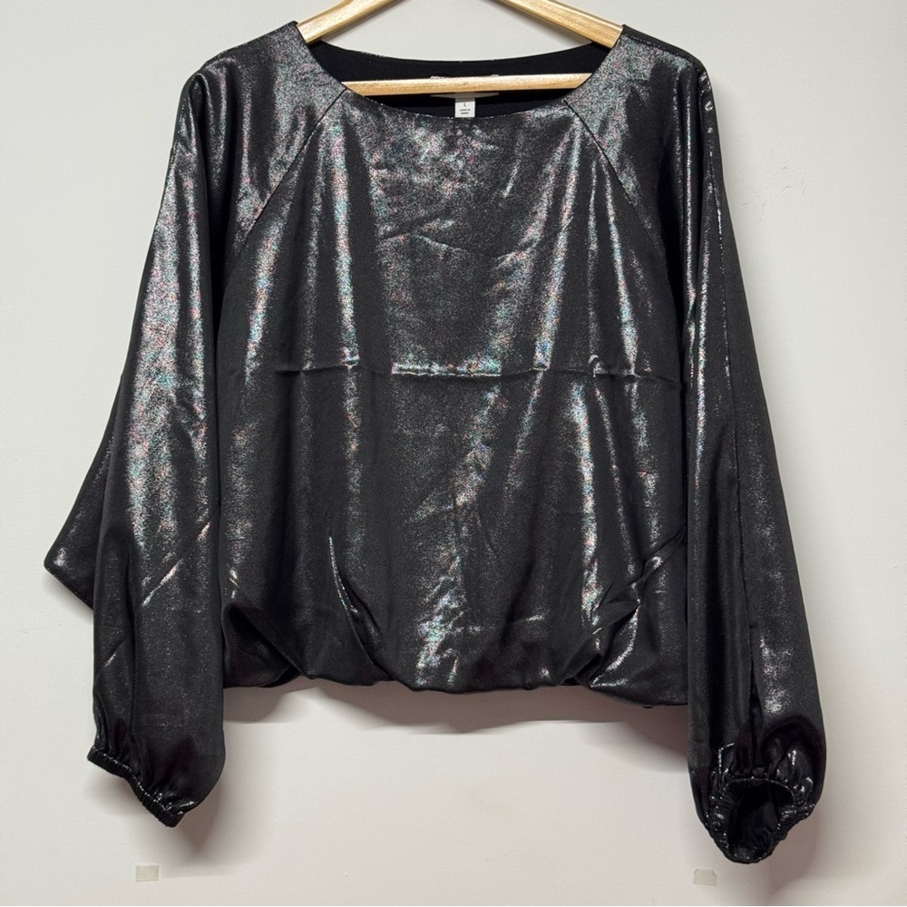 NEW Nine West Gunmetal Metallic Women's Top Long Sleeve Crewneck